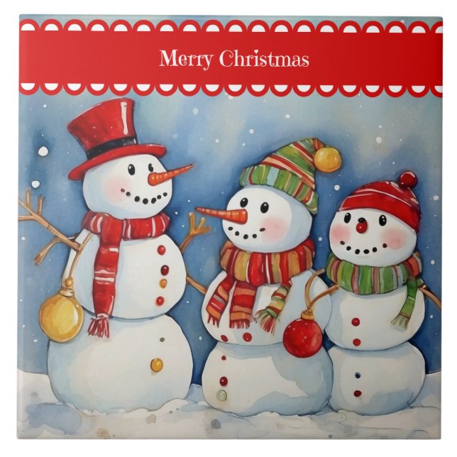Azulejo Feliz Navidad, tres hombres de nieve coloridos, (Frente)