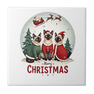Azulejo Feliz Navidad Tres Santa Elfo Reno Gatos Siameses