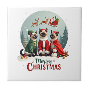 Azulejo Feliz Navidad Tres Santa Elfo Reno Gatos Siameses 