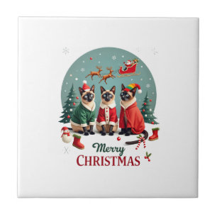 Azulejo Feliz Navidad Tres Santa Elfo Reno Siamés C