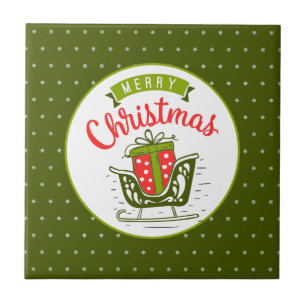 Azulejo Feliz Navidad Trineo Rojo Verde Patrón Copo de Nie