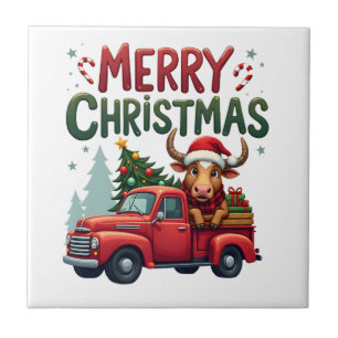Azulejo Feliz Navidad Vaca Alta Escocesa Granjera Navidad