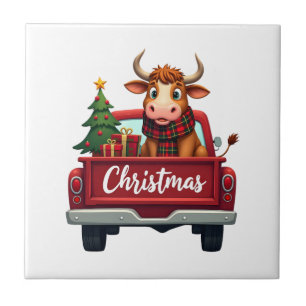 Azulejo Feliz Navidad Vaca Altas Tierras Navidad Árbol Roj