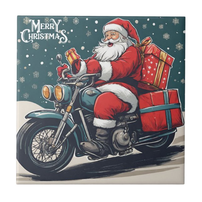 Azulejo Feliz Navidad Vintage Santa en motocicleta (Frente)