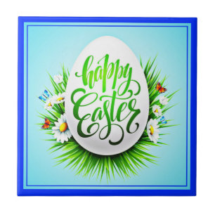Azulejo Feliz Pascua con flores de primavera-23180