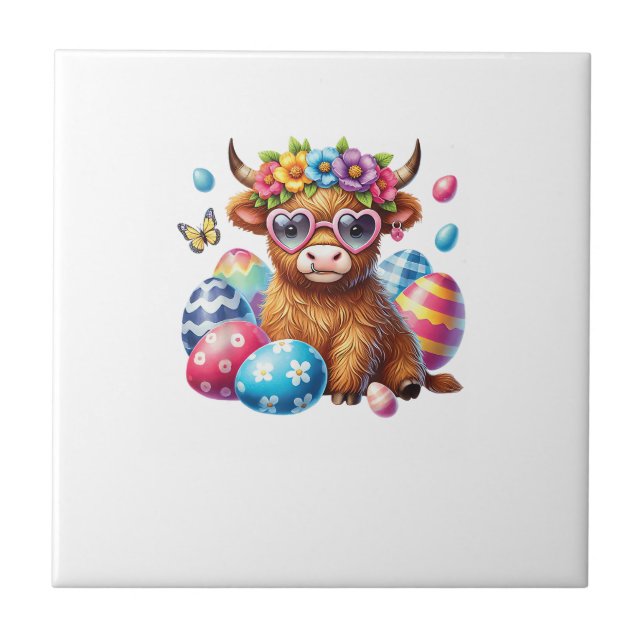 Azulejo Feliz Pascua Vaca de las Tierras Altas Ternera Día (Frente)