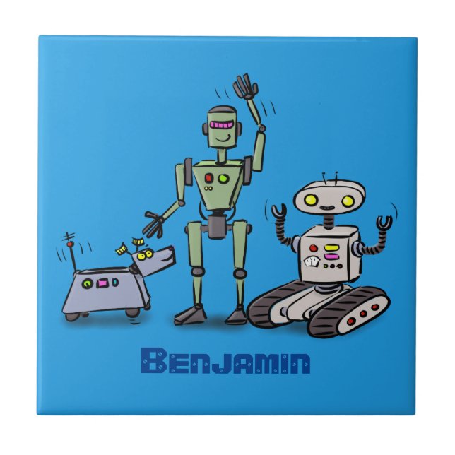 Azulejo Feliz personalizado de trío de robots lindos (Frente)