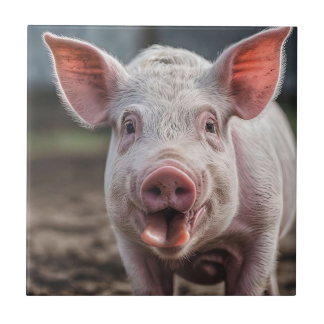 Azulejo Feliz Poke de la Lengua Porcina Blanca, (Frente)