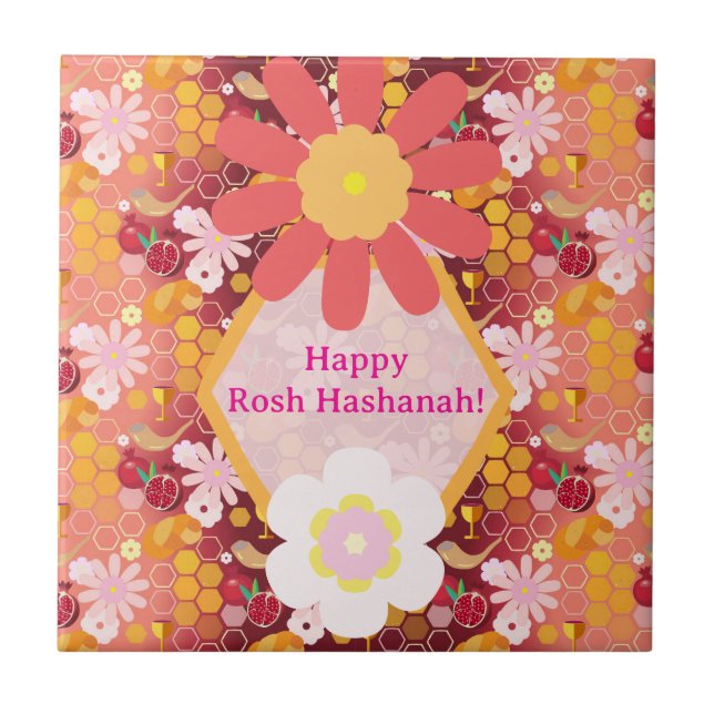 Azulejo Feliz Rosh Hashanah Patrón floral de Año Nuevo jud (Frente)