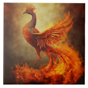 Azulejo Fénix naranja con llamas y niebla dorada