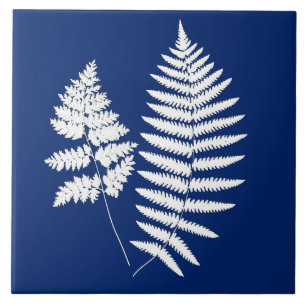Azulejo Fern de bosque, azul cobalto y blanco