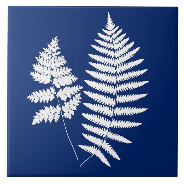 Azulejo Fern de bosque, azul cobalto y blanco (Frente)