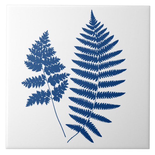 Azulejo Fern de Woodland, azul cobalto sobre blanco (Frente)