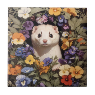 Azulejo Ferret Cute Enclavado En El Jardín Pansies