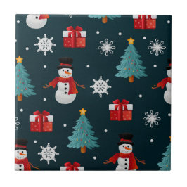 Azulejo Festive Snowmen Christmas Trees and Gifts Pattern