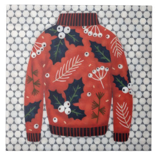 Azulejo festivo decorativo con suéter feo rojo y a