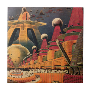 Azulejo Ficción científica vintage ciudad futurista coche