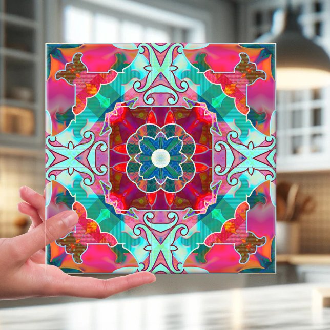 Azulejo Ficha de diseño abstracto de fantasía geométrica f (Tile featuring an abstract geometric kaleidoscope pattern inspired in a variety of colors)