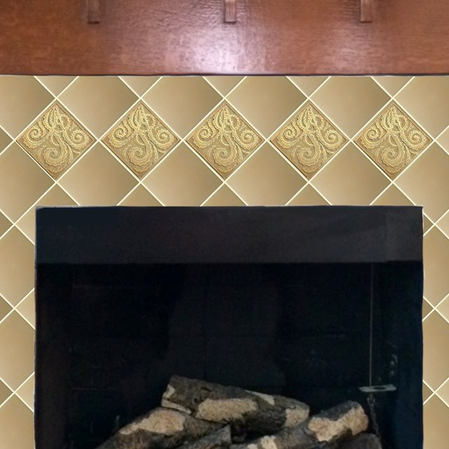 Azulejo Fiddlehead fern Tan Ceramic Tile (Gold Fiddlehead firn shown on a fireplace)