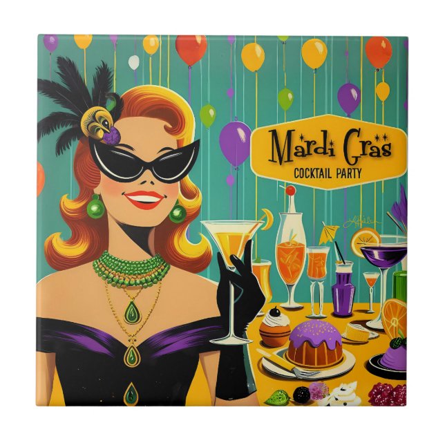 Azulejo Fiesta de Cocktail Retro Mardi Gras de los 50 (Frente)