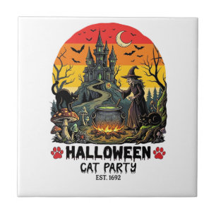 Azulejo Fiesta de Gatos de Halloween Bruja Caldero Gatos N