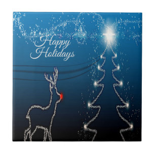 Azulejo Fiesta de Navidad Reno Árbol Cielo Azul Estrellas