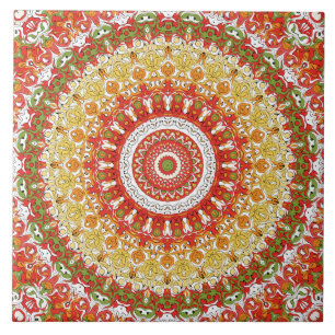 Azulejo Fiesta Mandala Pattern en rojo, amarillo y verde