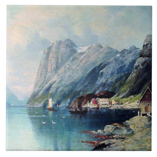 Azulejo Fiordo de Noruega pintado por Lev Lagorio (Frente)