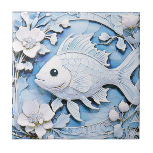 Azulejo Fish Art Nouveau Faux Relief Blue Sea Ocean Life