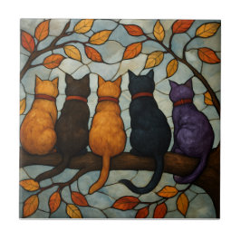 Azulejo Five Cats on a Tree Branch Stained Glass Style