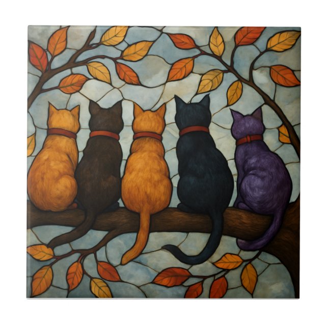 Azulejo Five Cats on a Tree Branch Stained Glass Style (Frente)