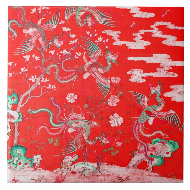 Azulejo Five Phoenixes in Garden Chinese Red Floral  (Frente)