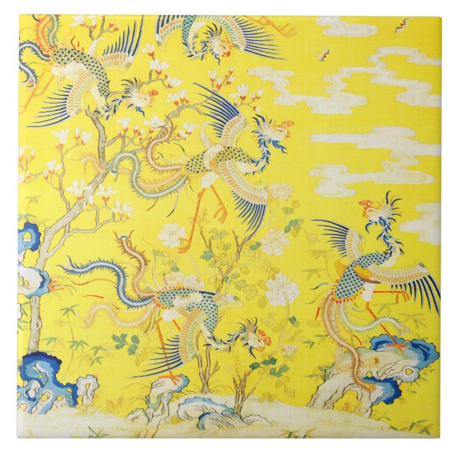 Azulejo Five Phoenixes in Garden Chinese Yellow Floral  (Frente)