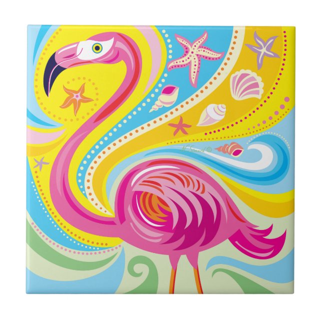 Azulejo Flamenco Rosa con Estrella de Mar (Frente)