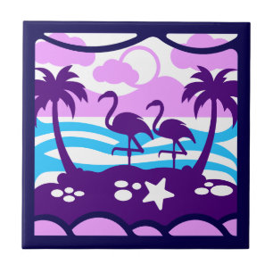 Azulejo Flamencos Tropicales Palmeras Moradas Nubes Rosada