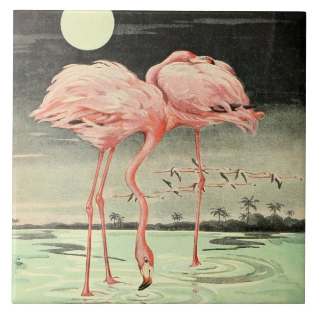 Azulejo Flamingo de pájaro rosado y lunar (Frente)