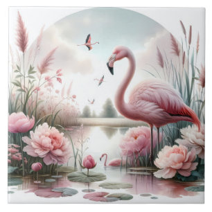Azulejo Flamingo en la escena floral de Pastel Pond