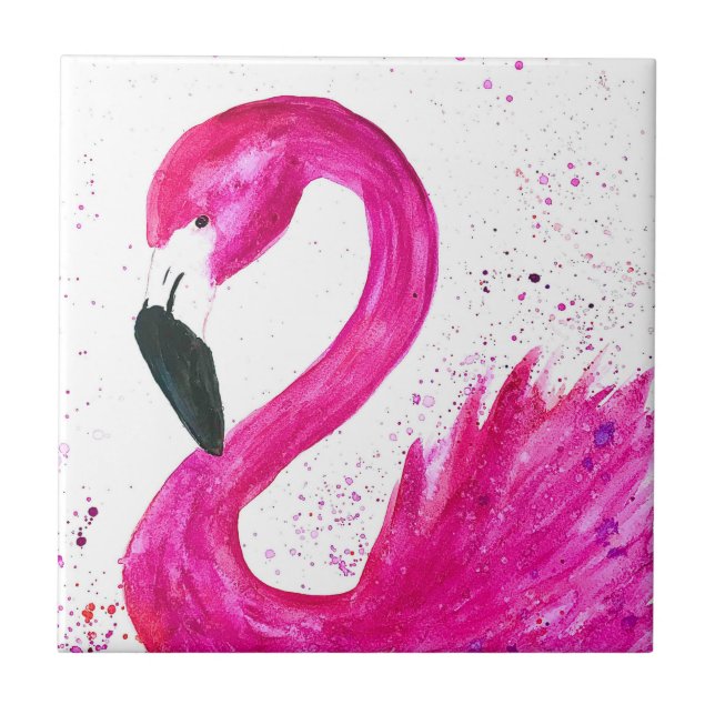 Azulejo Flamingo rosa ave tropical Bonito acuarela (Frente)