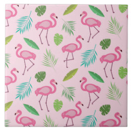 Azulejo Flamingo rosa con patrón de hojas tropicales