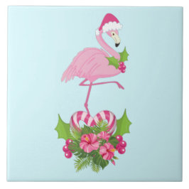 Azulejo Flamingo rosado en Santa Hat con Candy Cane Bouque