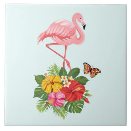 Azulejo Flamingo rosado y flamante tropical hibiscus