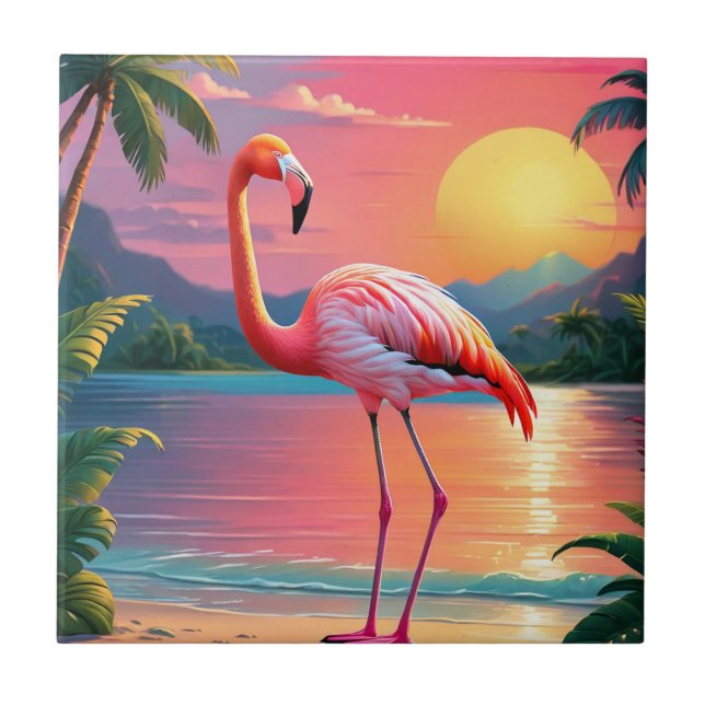 Azulejo Flamingo Sunset Tropical Beach (Frente)