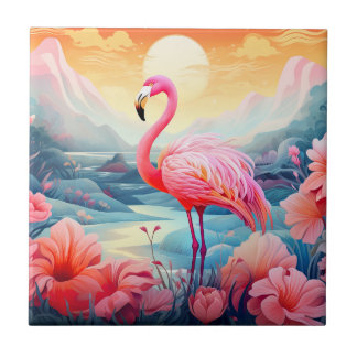 Azulejo Flamingo tropical con flores-76280