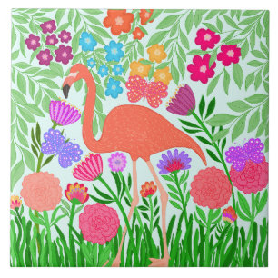 Azulejo Flamingo Tropical Floral Mariposa Jardín Arte