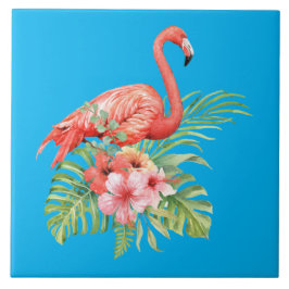 Azulejo Flamingo y flores de acuarela tropical