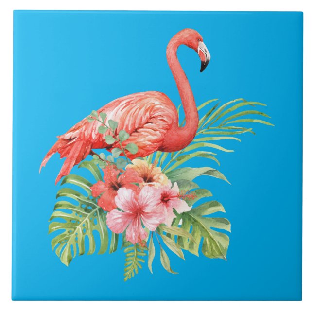 Azulejo Flamingo y flores de acuarela tropical (Frente)
