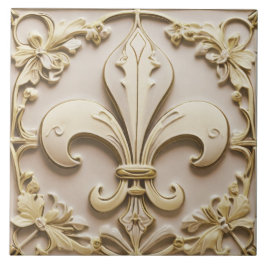 Azulejo Fleur de Lis Antiguo Cream Gold Beige Faux Relief