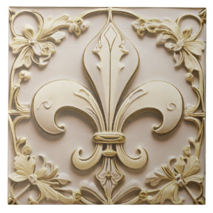 Azulejo Fleur de Lis Antiguo Cream Gold Beige Faux Relief