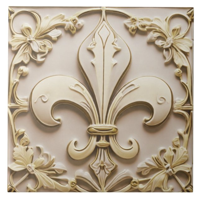Azulejo Fleur de Lis Antiguo Cream Gold Beige Faux Relief (Frente)