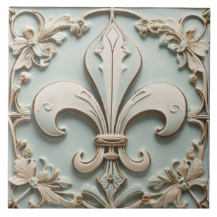 Azulejo Fleur de Lis Antique Pastel Light Mint Faux Relief